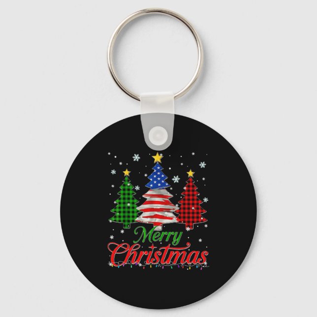 Merry Christmas Tree Plaid Us Flag Snowflake Xmas  Key Ring (Front)