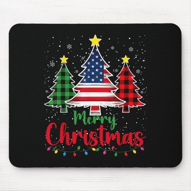 Merry Christmas Tree Plaid Us Flag Snowflake Xmas  Mouse Mat (Front)