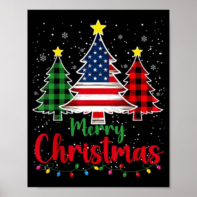 Merry Christmas Tree Plaid Us Flag Snowflake Xmas  Poster (Front)