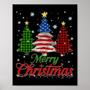 Merry Christmas Tree Plaid Us Flag Snowflake Xmas Poster