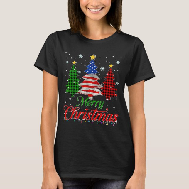Merry Christmas Tree Plaid Us Flag Snowflake Xmas  T-Shirt (Front)