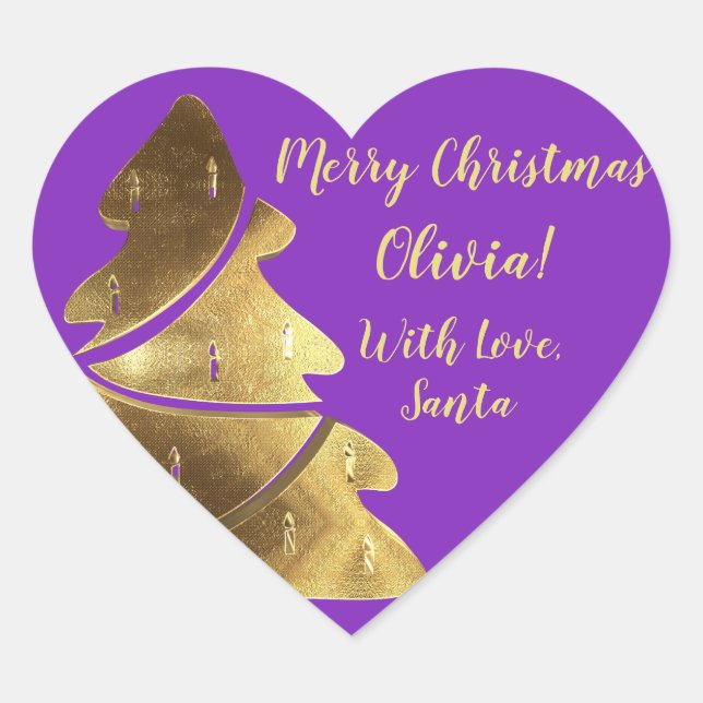 Merry Christmas Tree Purple Violet Gold Elegant Heart Sticker (Front)