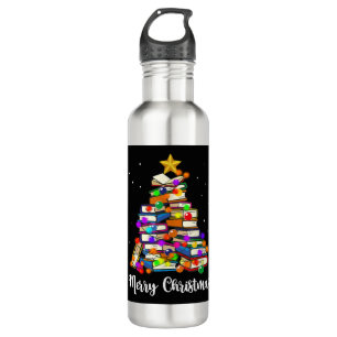 Merry Christmas Tree Reading Books Lover Librarian 710 Ml Water Bottle