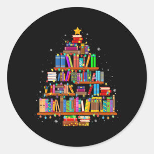 Merry Christmas Tree Reading Books Lover Librarian Classic Round Sticker