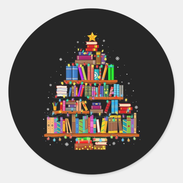 Merry Christmas Tree Reading Books Lover Librarian Classic Round Sticker (Front)