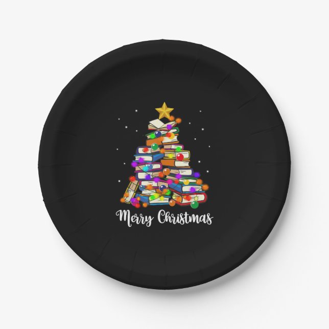 Merry Christmas Tree Reading Books Lover Librarian Paper Plate (Front)