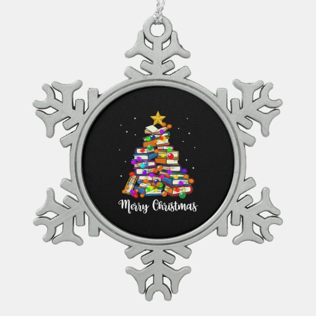Merry Christmas Tree Reading Books Lover Librarian Snowflake Pewter Christmas Ornament (Front)