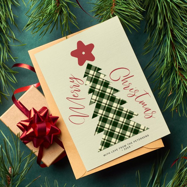 Merry Christmas tree red green plaid non-photo Holiday Card (Creator Uploaded)