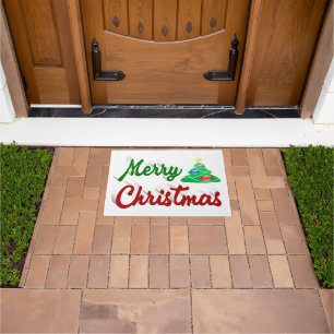 Merry Christmas Tree red green script Doormat