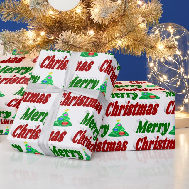 Merry Christmas Tree red green typography Wrapping Paper (Holidays)