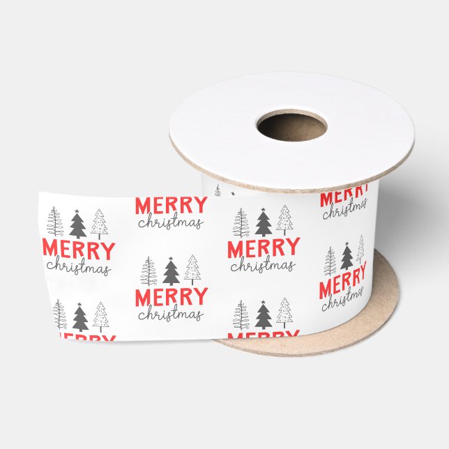 Merry Christmas Tree Red Grey Satin Ribbon (Spool)