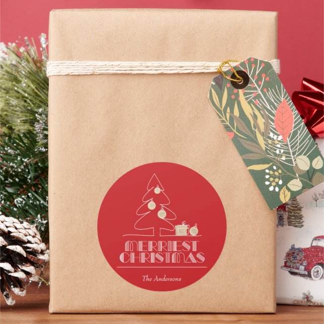 Merry Christmas Tree Red Holiday Classic Round Sticker (Holiday)