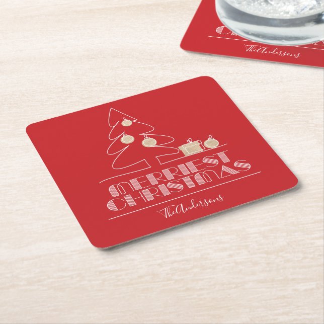 Merry Christmas Tree Red Square Paper Coaster (Angled)