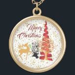 Merry Christmas Tree Reindeers Golden Snowflakes  Gold Plated Necklace<br><div class="desc">A unique personal touch to any piece of jewellery matching with flower bouquet or centerpiece for wedding. A heartfelt present that can be kept close to your heart. Perfect romantic accessory to match your jewellery set. Match it with your apparel, watch and more!. The illustration features Reindeers, Christmas tree, golden...</div>