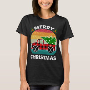 Merry Christmas Tree Retro Red Truck Buffalo Plaid T-Shirt