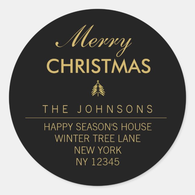 Merry Christmas Tree Return Address Label - Black (Front)