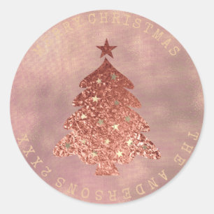 Merry Christmas Tree Rose Gold Linen Sepia Classic Round Sticker