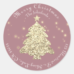 Merry Christmas Tree RSVP Greetings Gold Glitter Classic Round Sticker