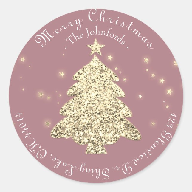 Merry Christmas Tree RSVP Greetings Gold Glitter Classic Round Sticker (Front)
