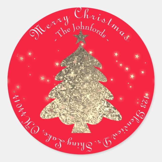 Merry Christmas Tree RSVP Rose Gold Red Stars  Classic Round Sticker (Front)