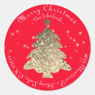 Merry Christmas Tree RSVP Rose Gold Red Stars  Classic Round Sticker