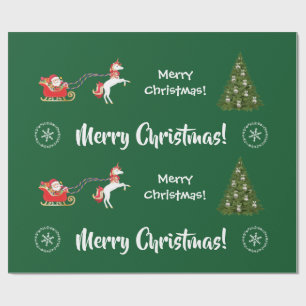 Merry Christmas Tree Santa Cute Kids Unicorn Green Wrapping Paper