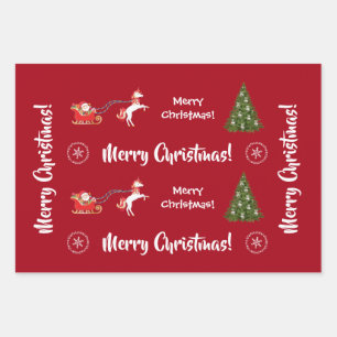 Merry Christmas Tree Santa Cute Kids Unicorn Red Wrapping Paper Sheet