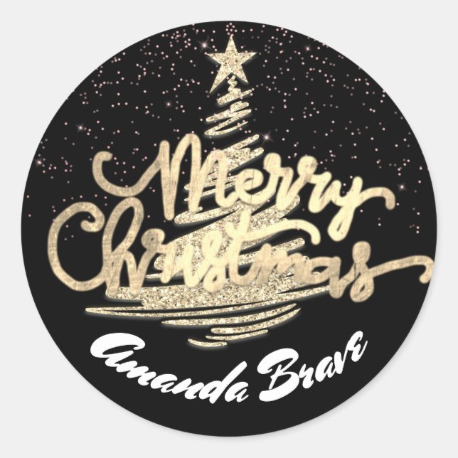 Merry Christmas tree Script Name Gold Black Classic Round Sticker (Front)