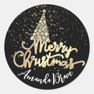Merry Christmas Tree Script Name Gold BlackDiamond Classic Round Sticker