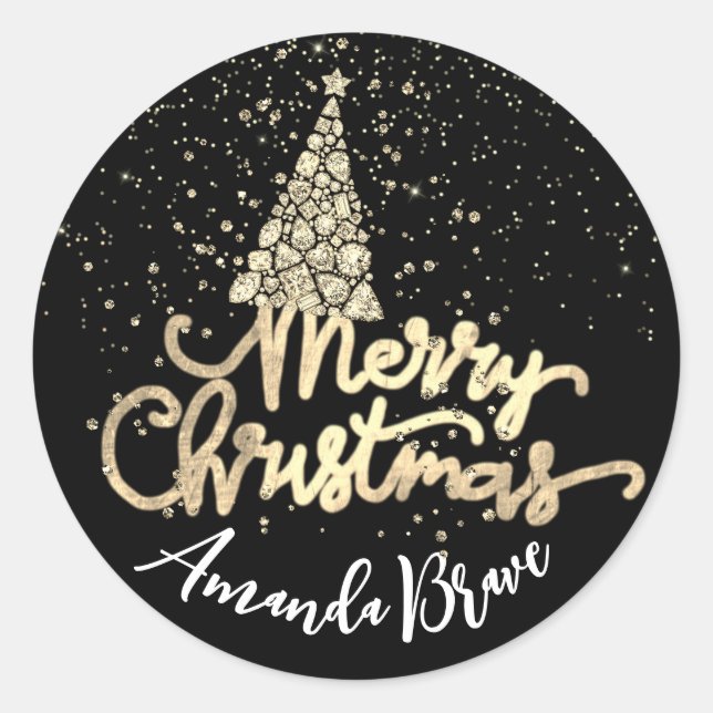 Merry Christmas Tree Script Name Gold BlackDiamond Classic Round Sticker (Front)