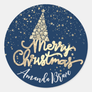 Merry Christmas Tree Script Name Gold Diamond Blue Classic Round Sticker