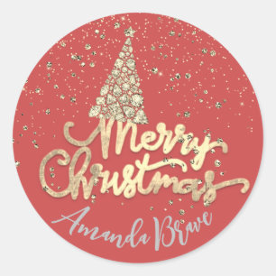 Merry Christmas Tree Script Name Gold Orange Red Classic Round Sticker