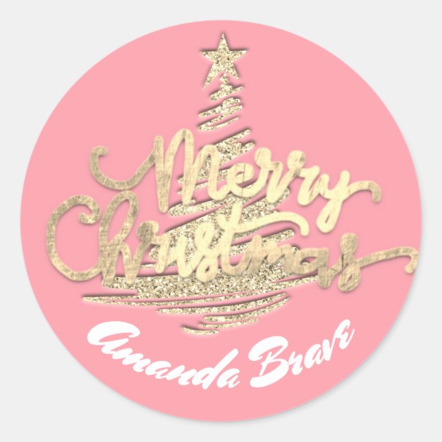 Merry Christmas tree Script Name Gold Pink Classic Round Sticker (Front)
