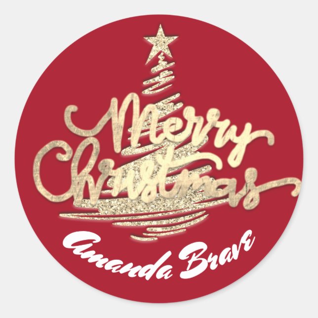 Merry Christmas tree Script Name Gold Rose  Classic Round Sticker (Front)