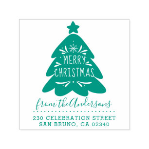 Merry Christmas Tree Script Name Return Address Self-inking Stamp