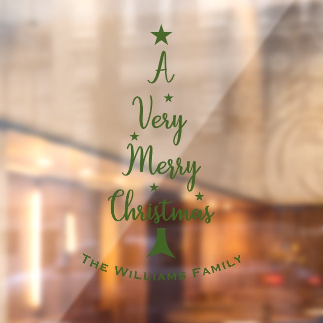 Merry Christmas tree script stars family green Window Cling (Sheet 2)