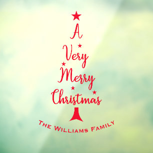 Merry Christmas tree script stars family red Window Cling