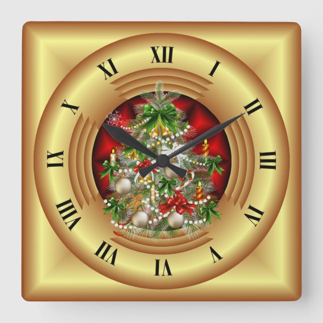 Merry Christmas Tree ~ Season’s Greetings ~ Square Wall Clock (Front)
