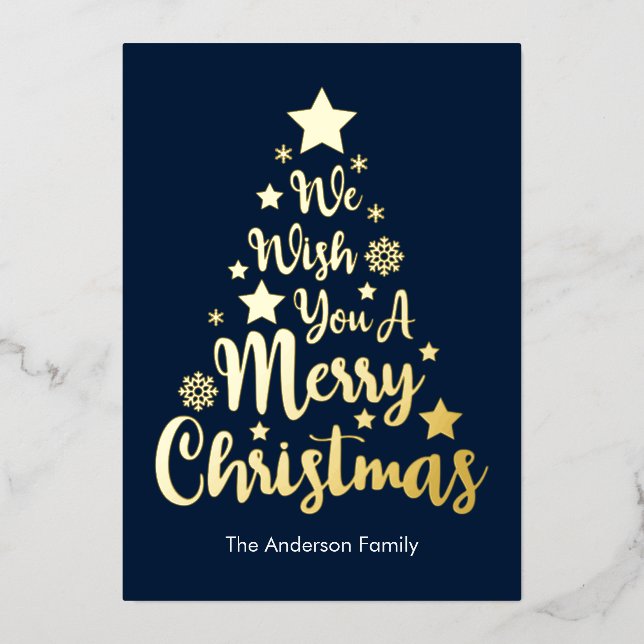 Merry Christmas Tree Shape Blue Foil Holiday Card (Front)