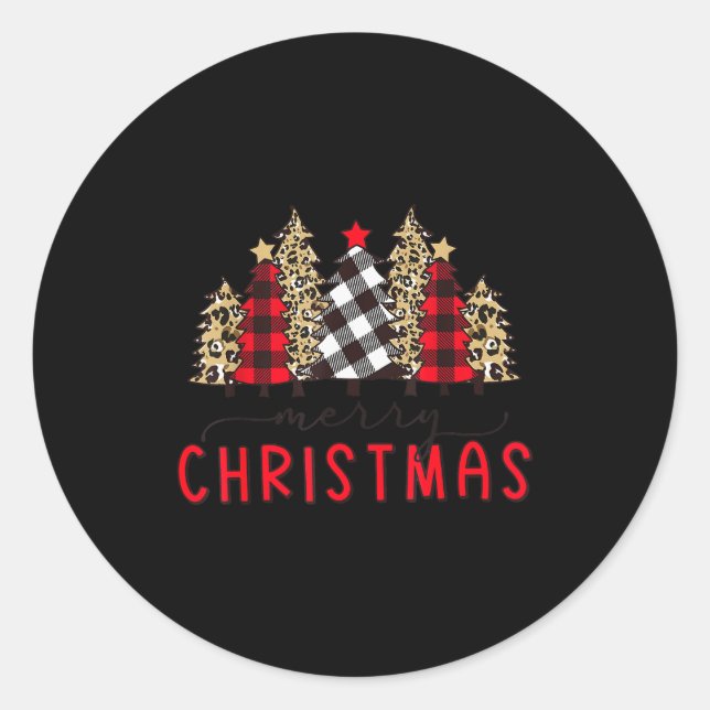 Merry Christmas Tree Shirts Funny Leopard Plaid Pr Classic Round Sticker (Front)