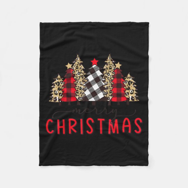 Merry Christmas Tree Shirts Funny Leopard Plaid Pr Fleece Blanket (Front)