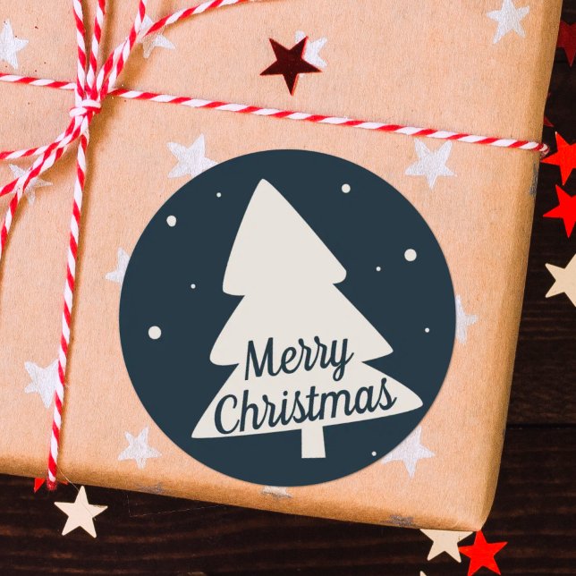 Merry Christmas tree silhouette classic blue Classic Round Sticker (Creator Uploaded)