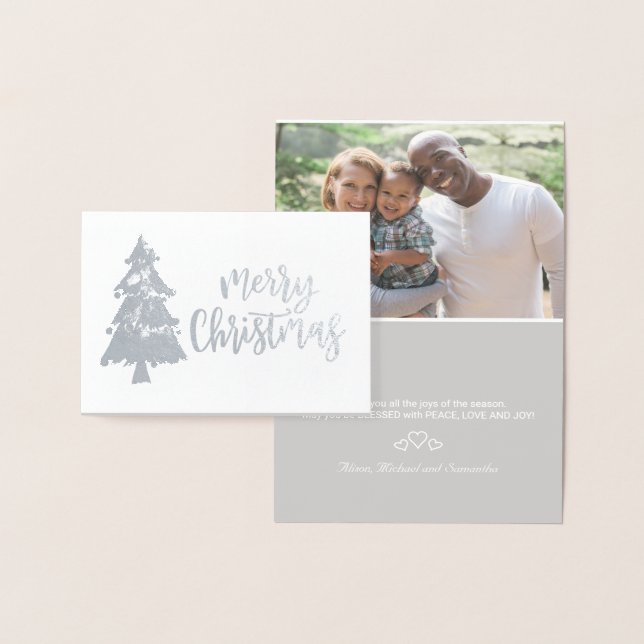 Merry Christmas tree silver calligraphy script Foil Card (Display)