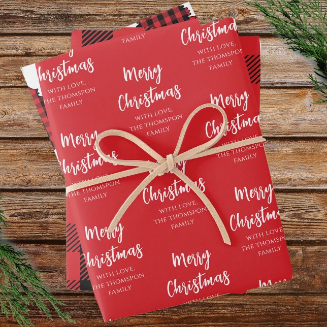 Merry Christmas Tree Simple Buffalo Check Pattern Wrapping Paper Sheet (Merry Christmas custom red, white and black buffalo check style gift wrap. )