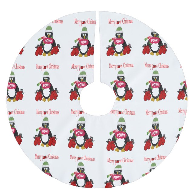 Merry Christmas Tree Skirt Penguin Boxing Pow  (Front)