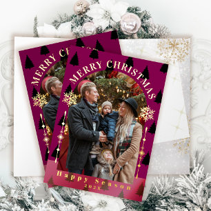 Merry Christmas Tree Snow Flakes Red Photo Foil Greeting Card