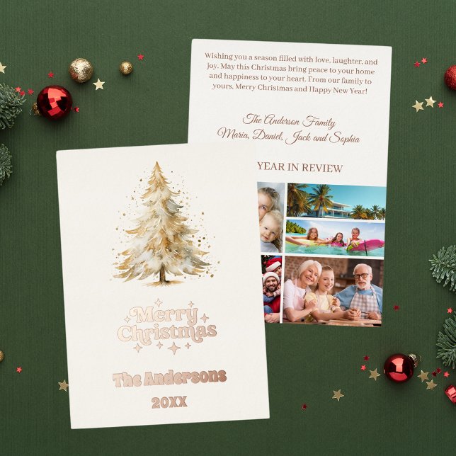 Merry Christmas tree snow photo year in review Foil Holiday Card (Creator Uploaded)