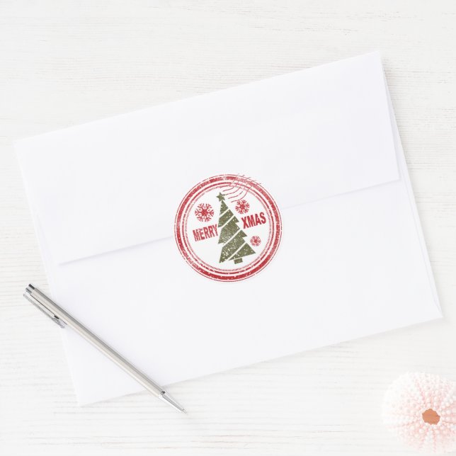 Merry Christmas Tree Snowflake Postmark Classic Round Sticker (Envelope)