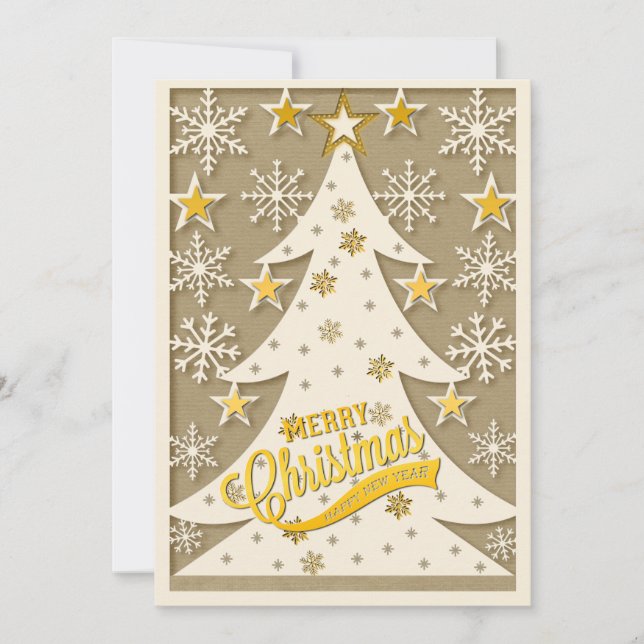 Merry Christmas Tree, Snowflake & Star Silhouettes Holiday Card (Front)