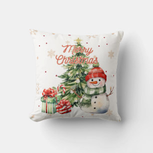 Merry Christmas Tree Snowman and Presents Cushion